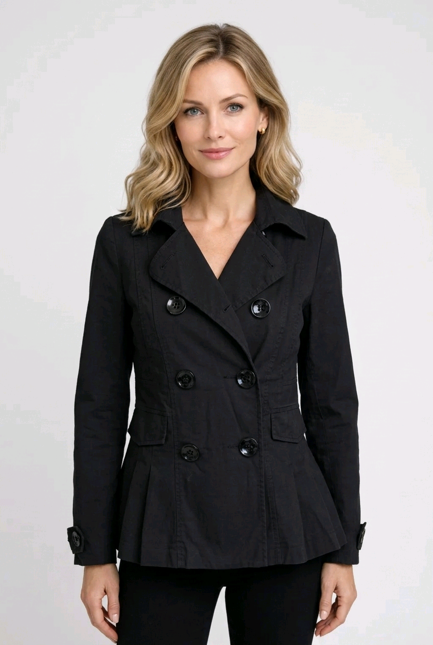 Woman wearing a black peacoat 