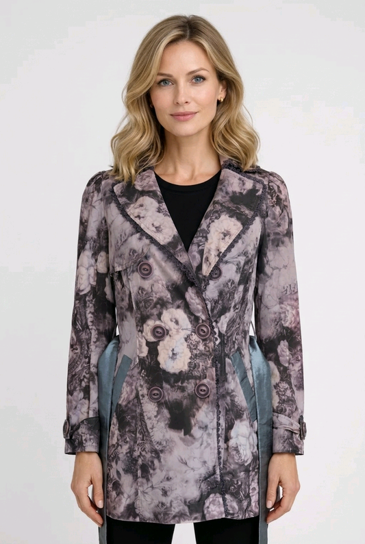 Woman wearing a patterned floral coat 