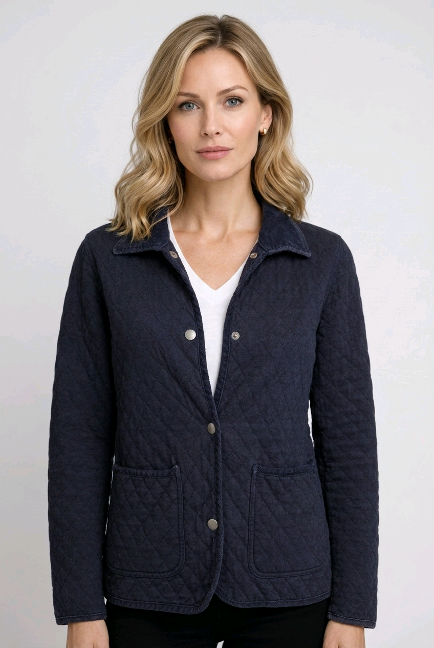 Woman wearing a navy quilted jacket 