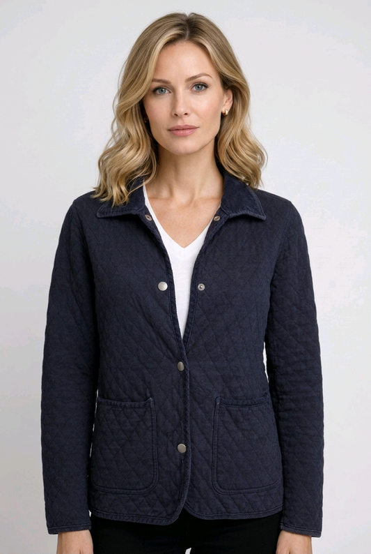 Woman wearing a navy quilted jacket 