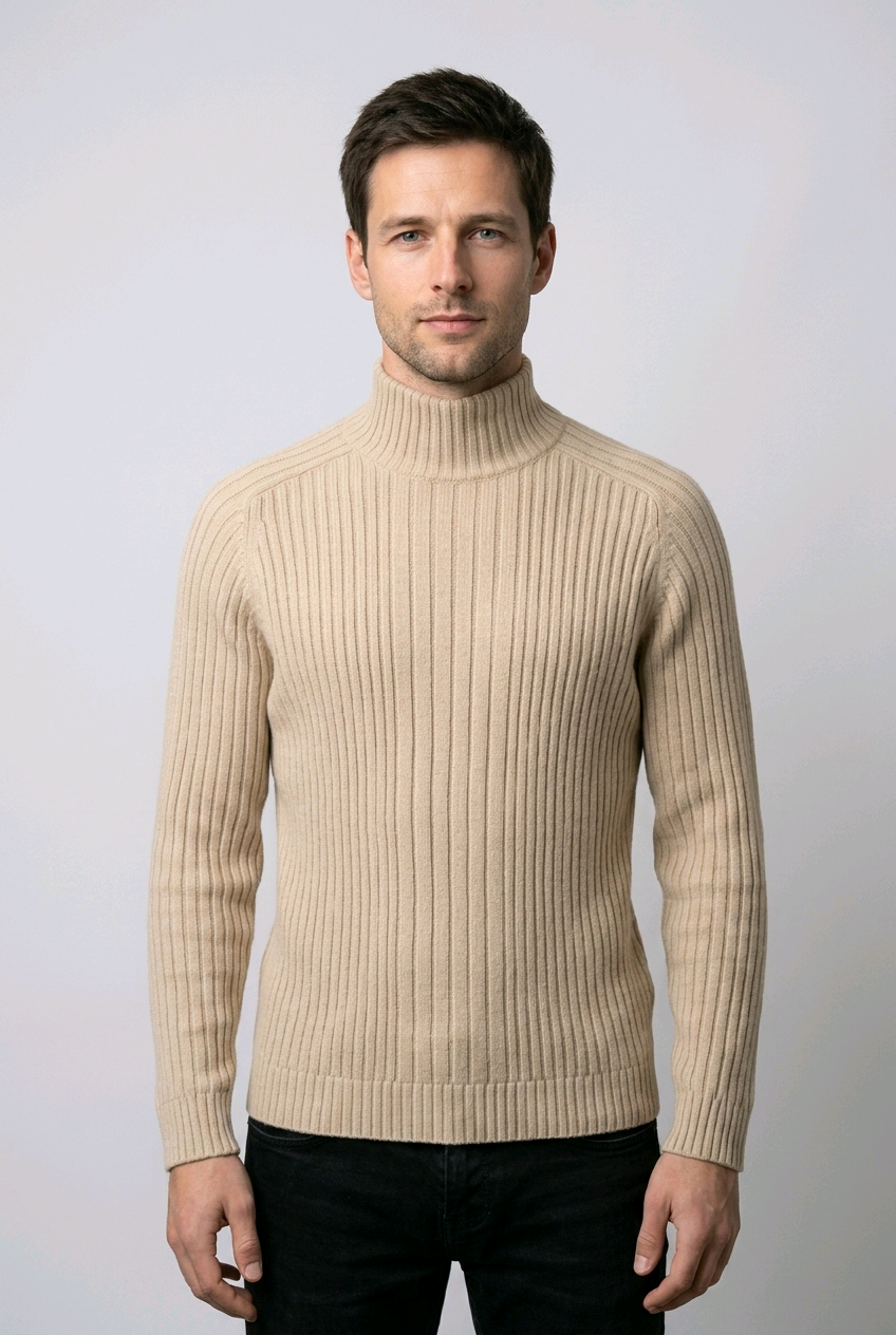 Man wearing a beige roll neck sweater 