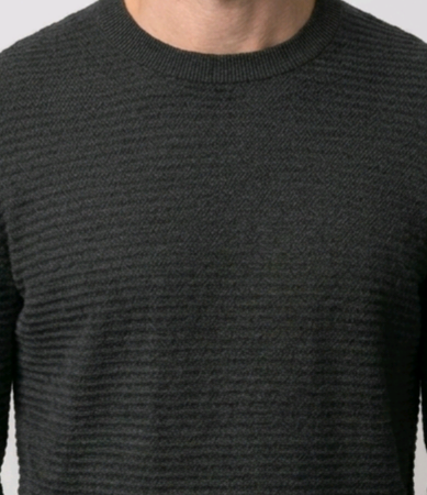 black close up of a textured sweater worn by a person on a plain background