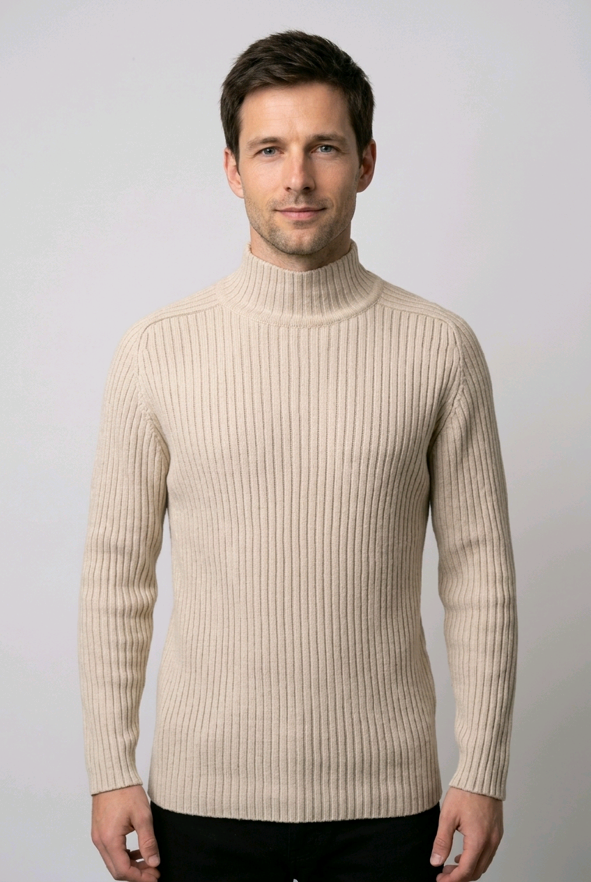 Man wearing a beige mock neck jumper
