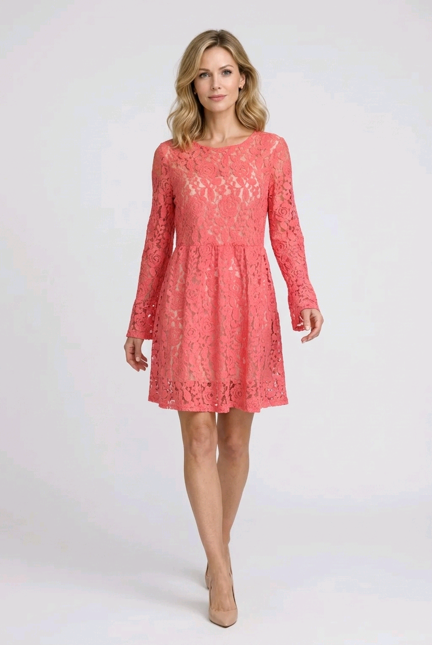 Woman wearing a pink lace dress 