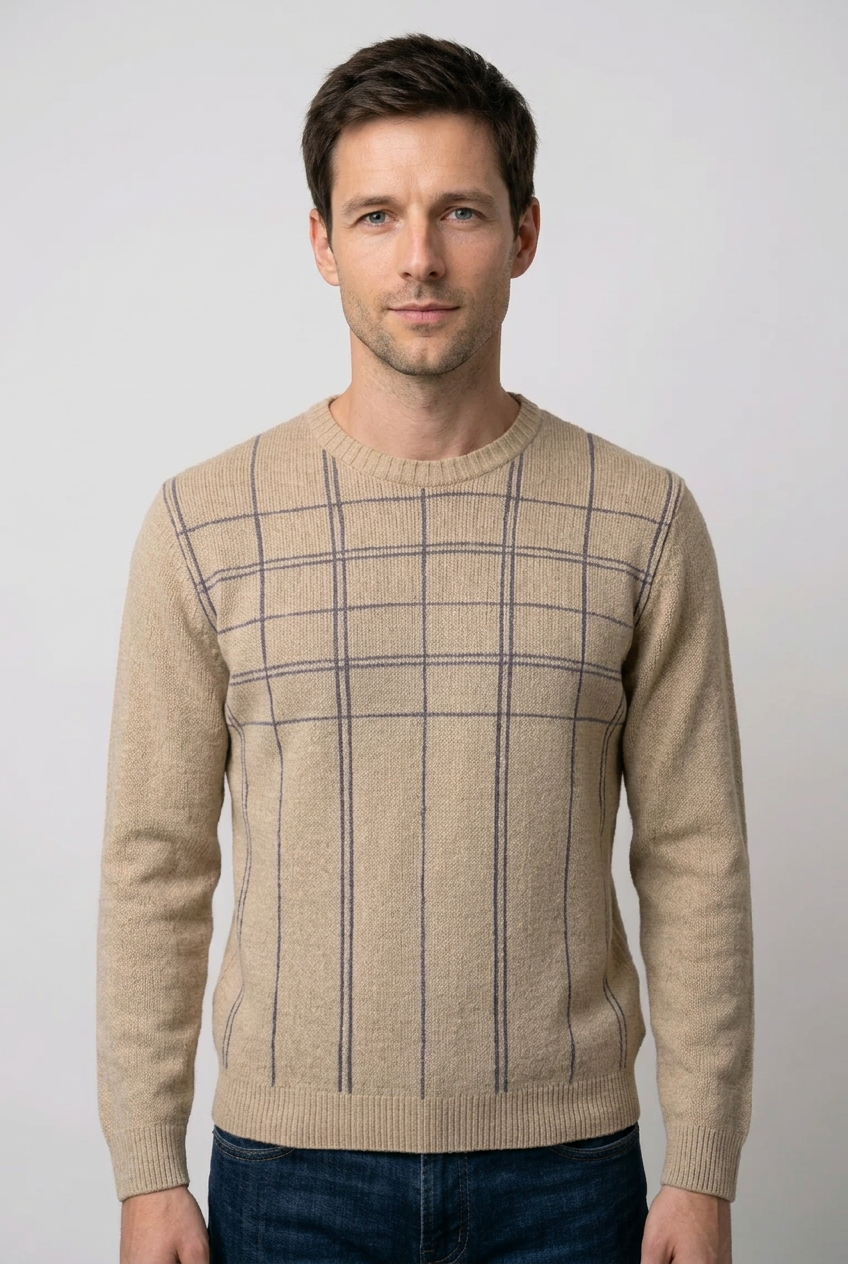 Man wearing a beige checked jumper