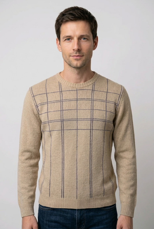Man wearing a beige checked jumper