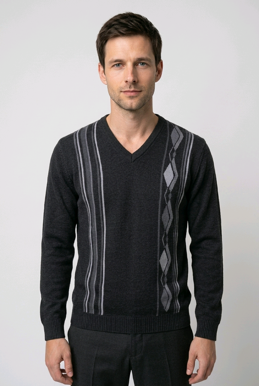 Man wearing a blue patterned jumper