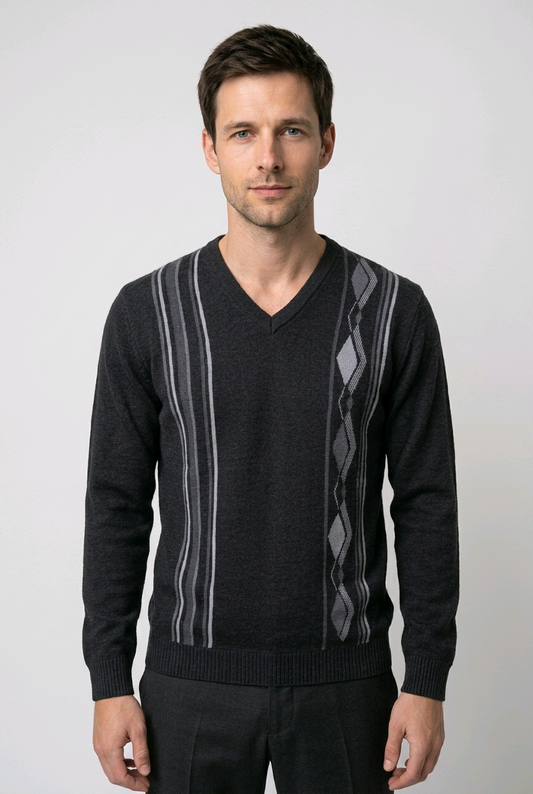 Man wearing a blue patterned jumper