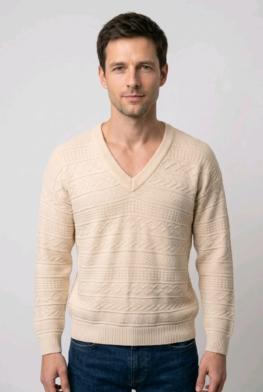Man wearing a v-neck jumperpatterned 