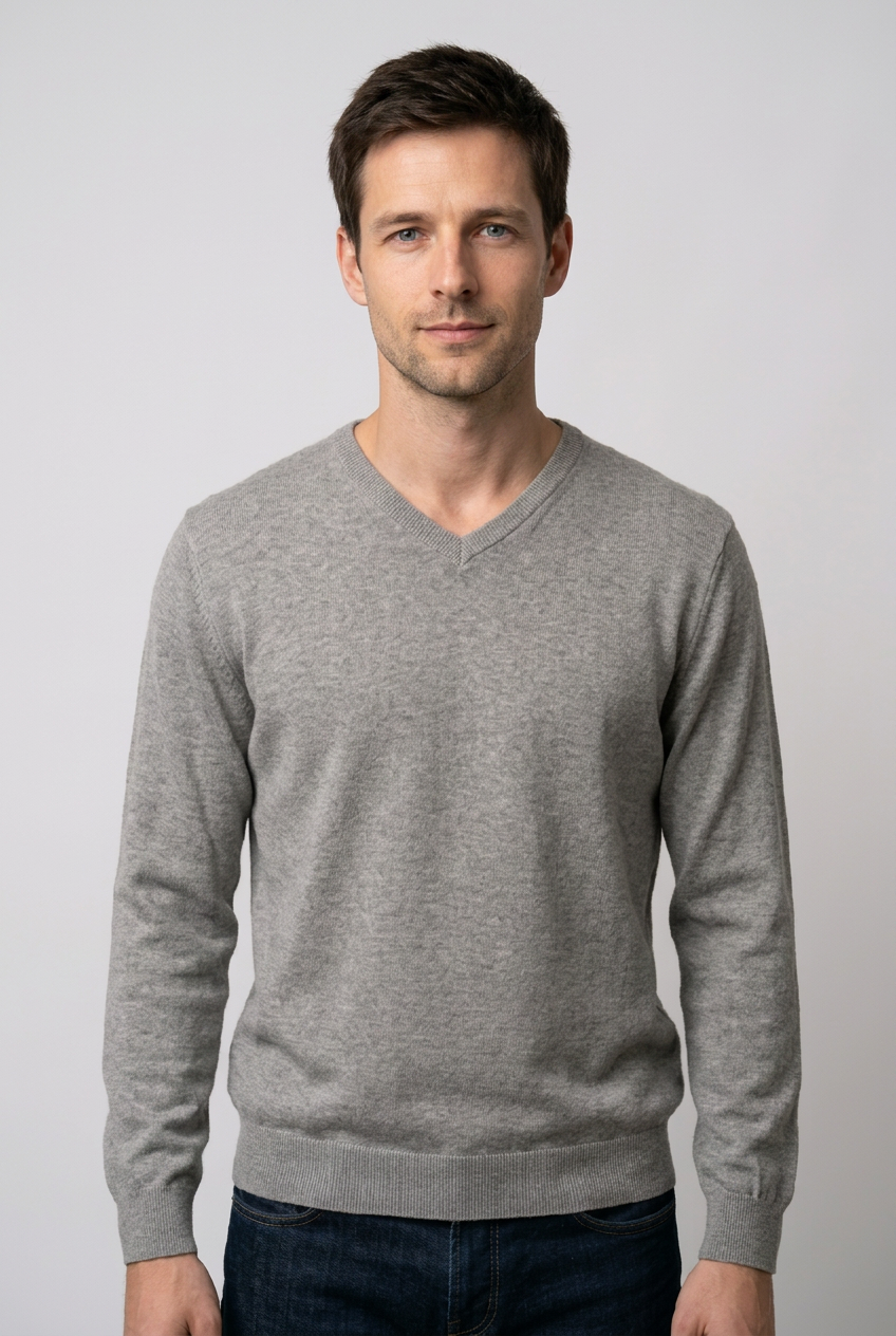 Man wearing a grey v neck jumper
