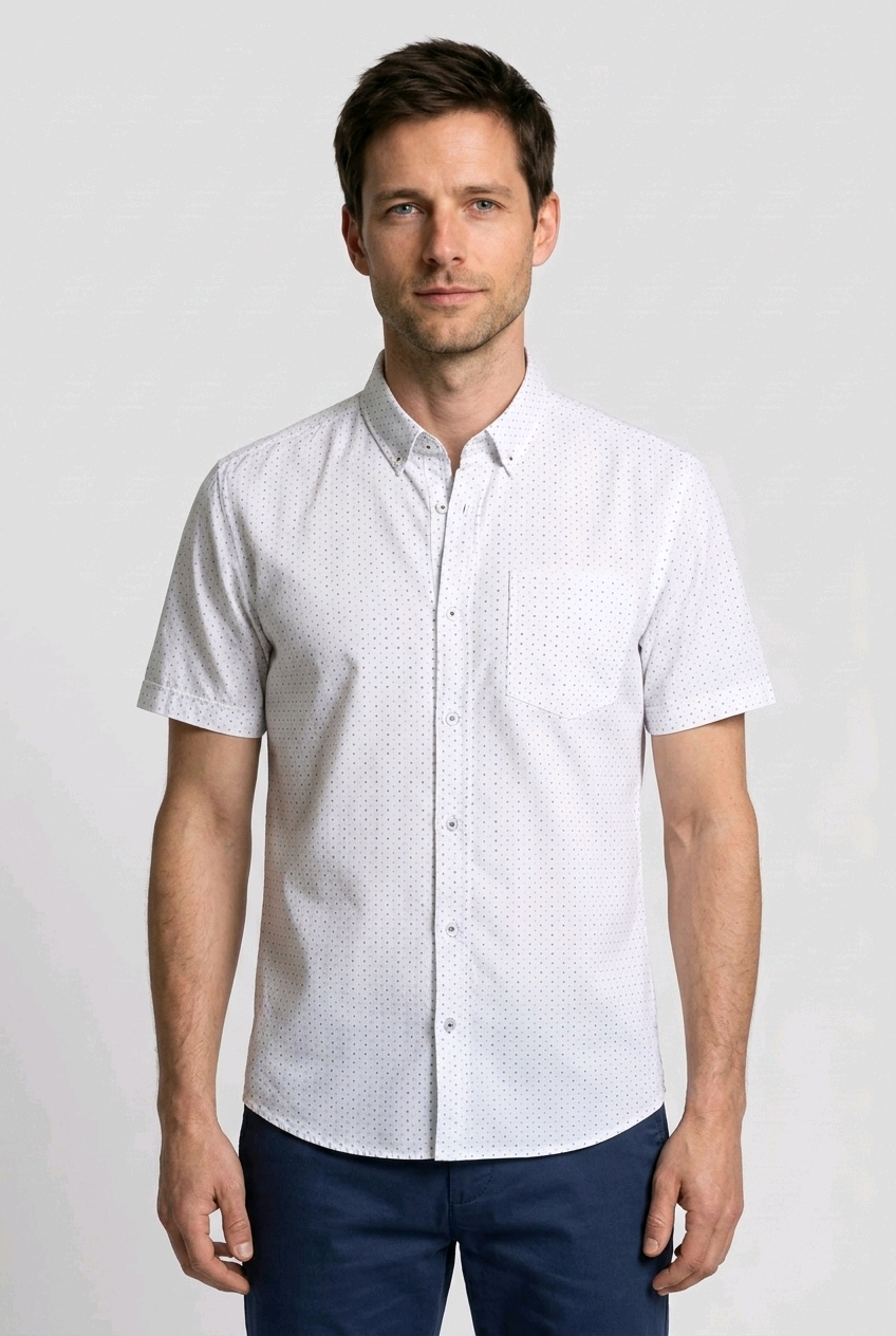 Man wearing a white short-sleeve shirt with a subtle pattern 
