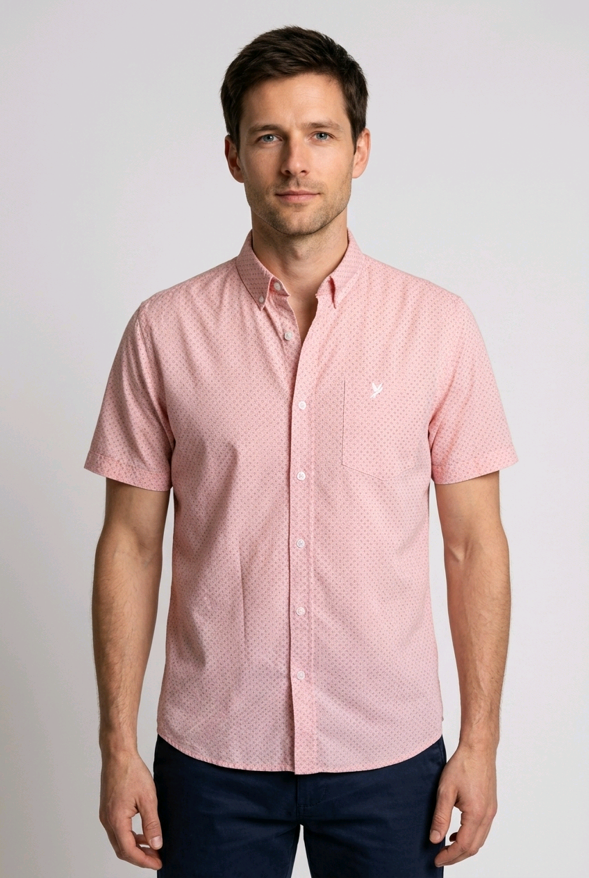 Man wear pink patterned shirt