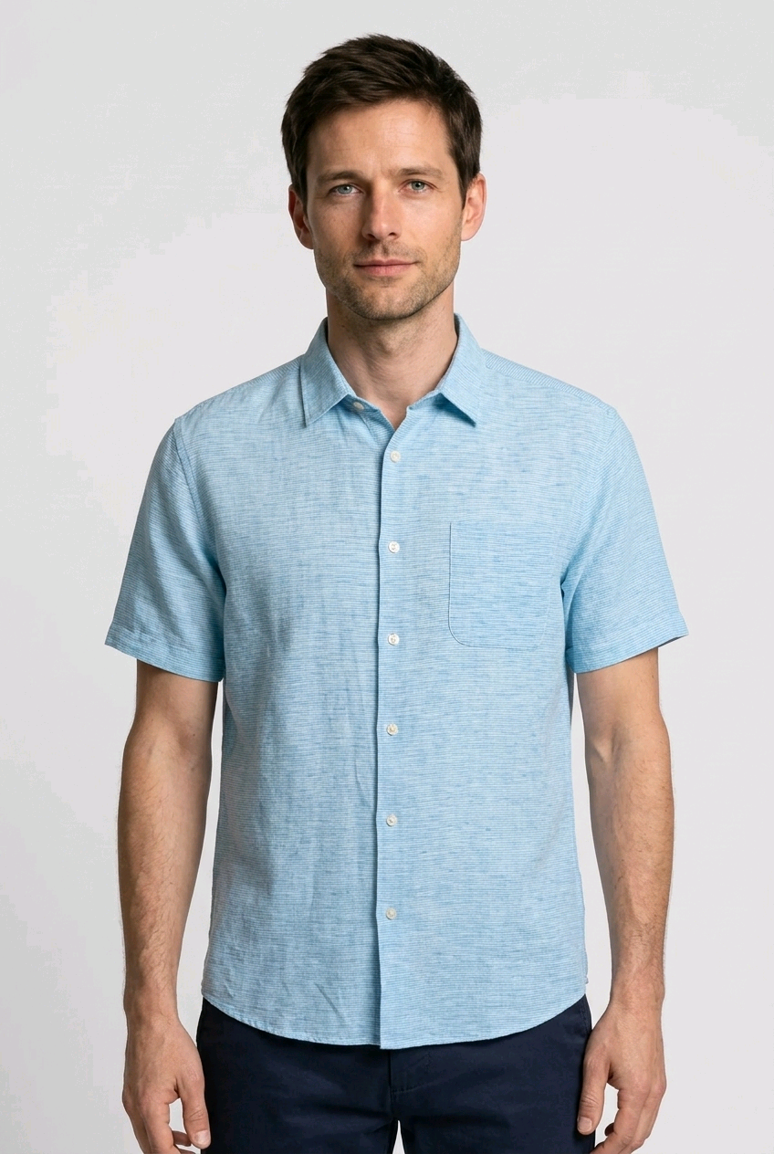 Men's light blue vertical stripe short sleeve shirt front view