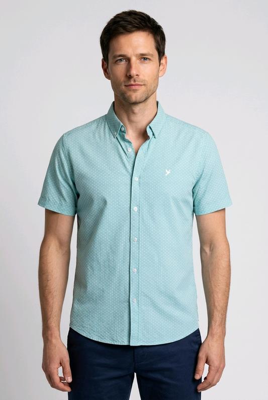 Man wearing a light blue patterned shirt 