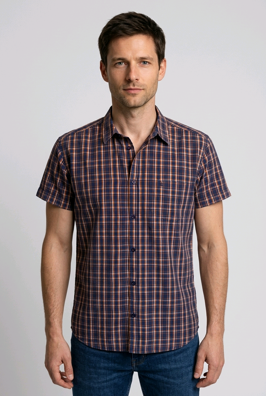 Men's plaid short sleeve shirt in blue, orange, and white check pattern