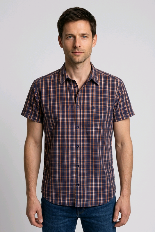 Men's plaid short sleeve shirt in blue, orange, and white check pattern