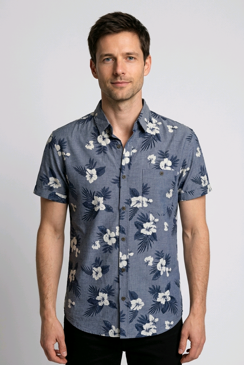 Men's tropical floral short sleeve shirt in blue with white flowers