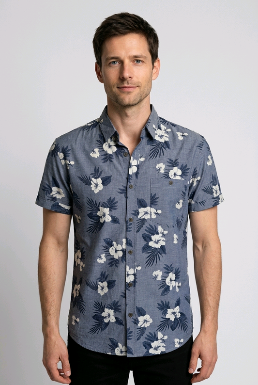 Men's tropical floral short sleeve shirt in blue with white flowers