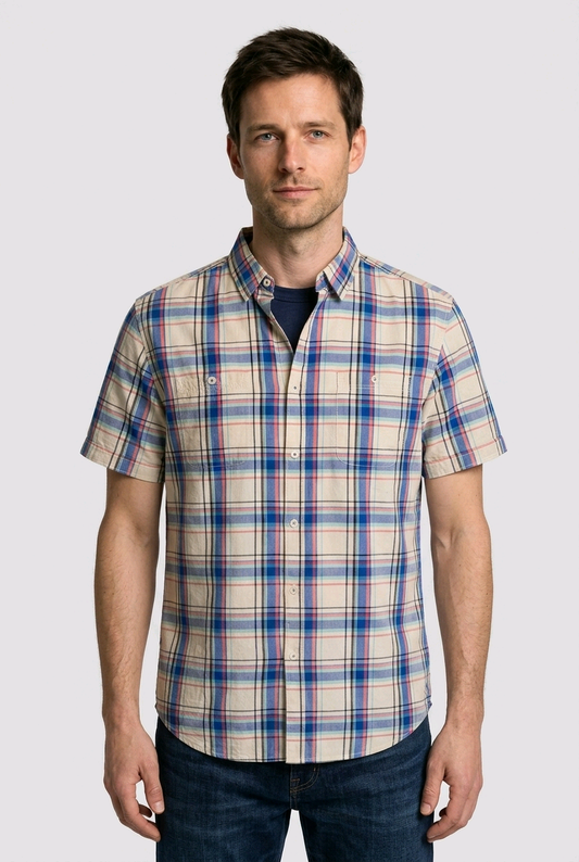 Men's plaid short sleeve shirt in blue, red, and cream, size large