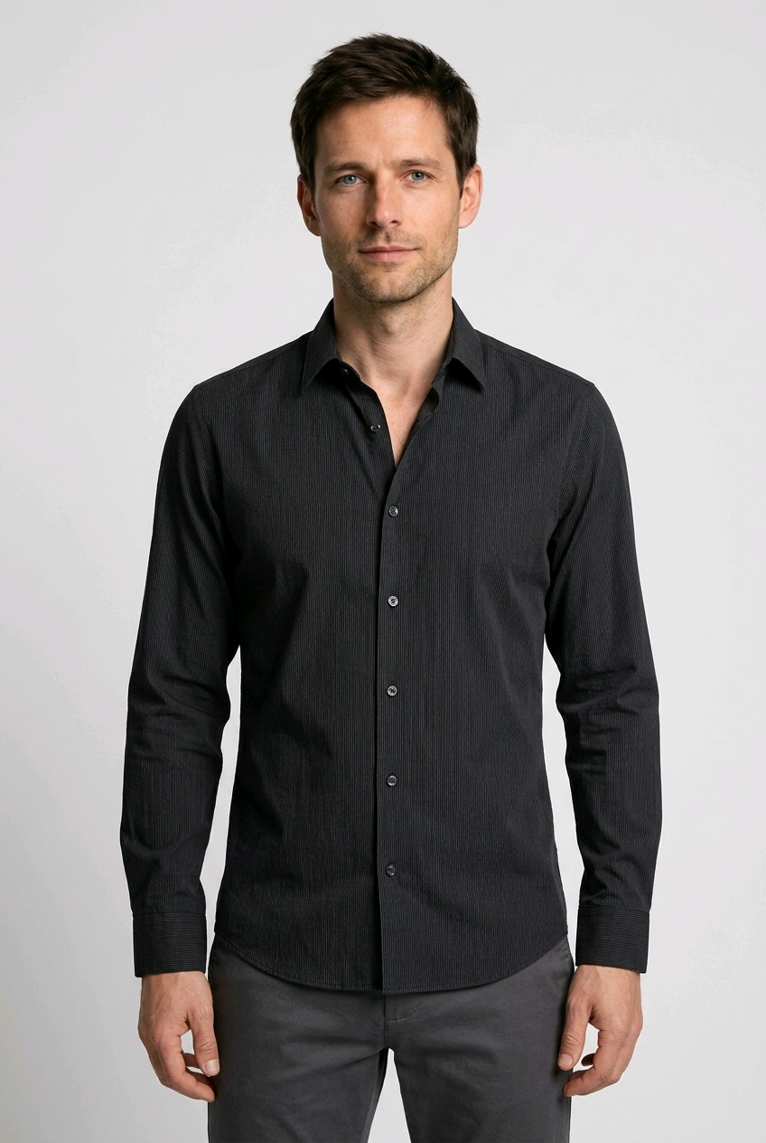 Man wearing black pinstripe slim fit shirt, size 16, 41cm collar