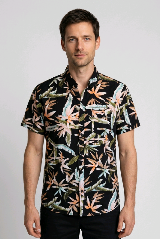 Men's tropical floral short sleeve shirt with black background and multicolored leaves