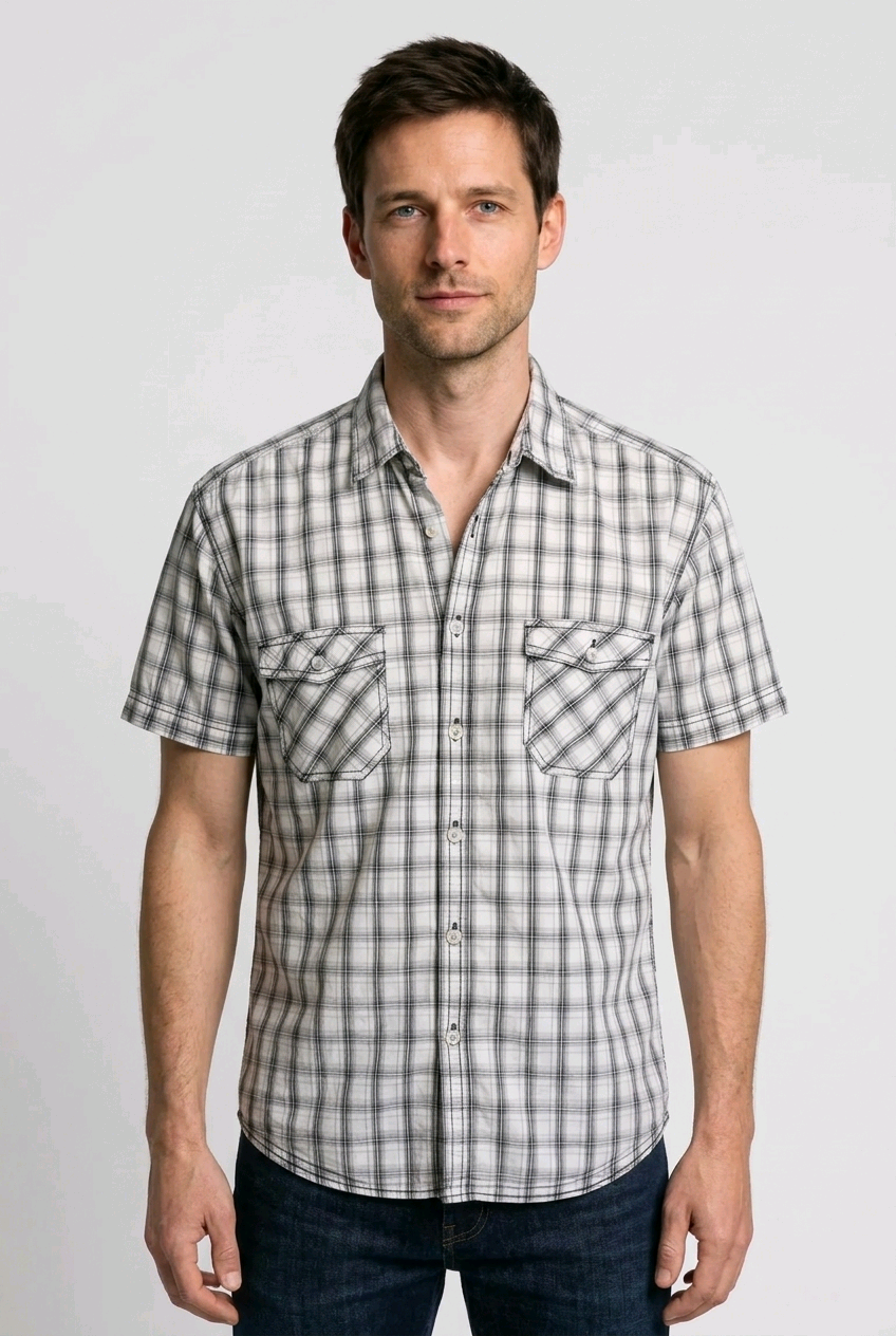 Grey and white check short sleeve shirt for men