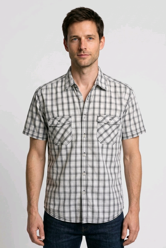 Grey and white check short sleeve shirt for men