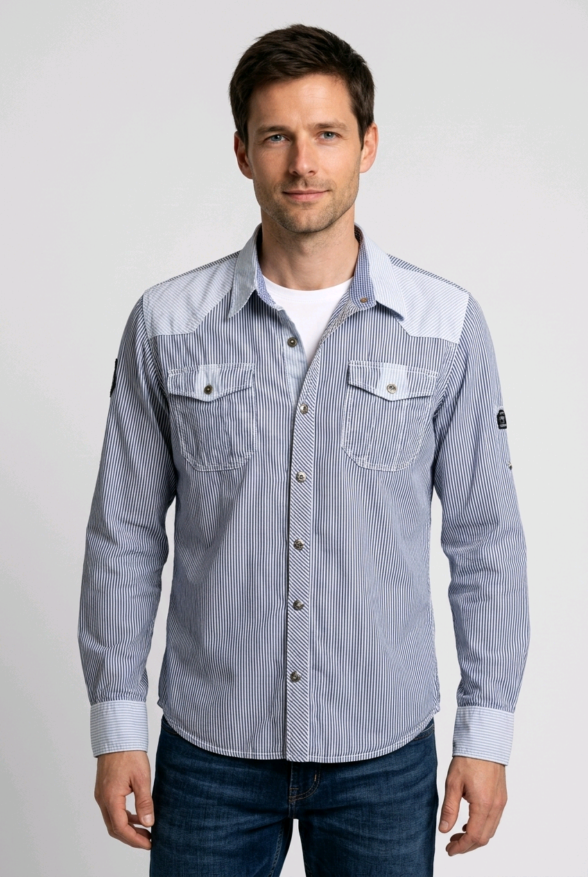 Men's blue and white striped graphic shirt with patch details