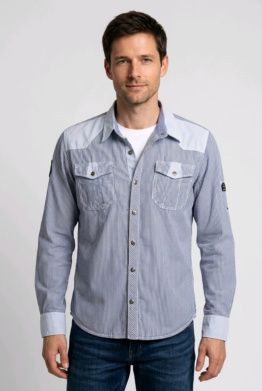 Men's blue and white striped graphic shirt with patch details