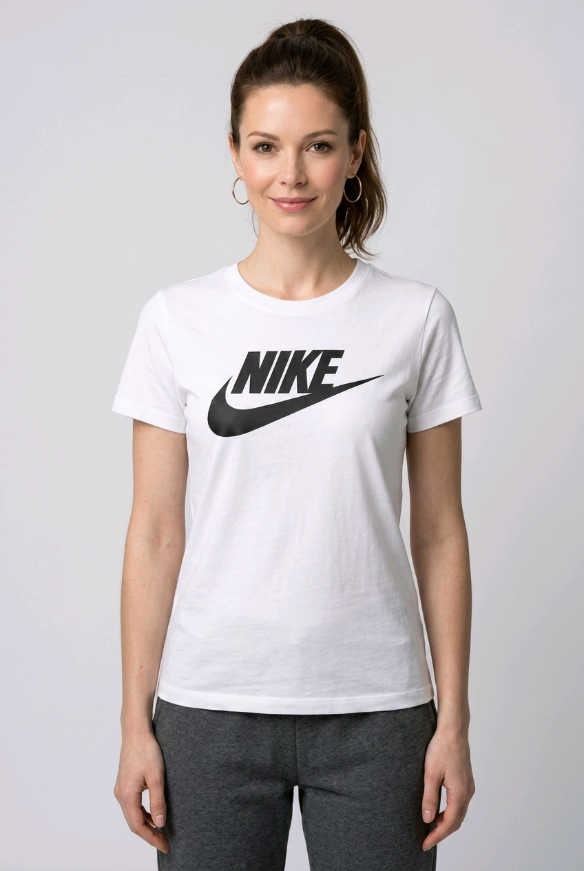 Woman wearing a white t-shirt with a black Nike logo