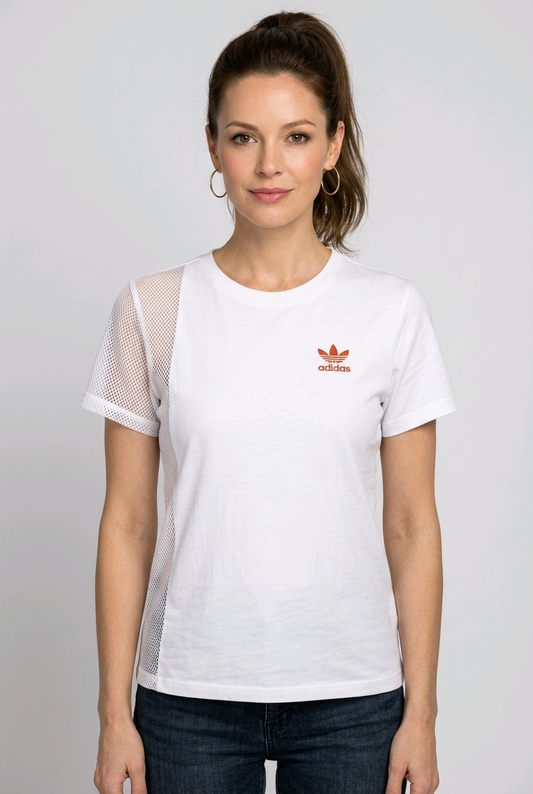 Women wearing a white Adidas t shirt