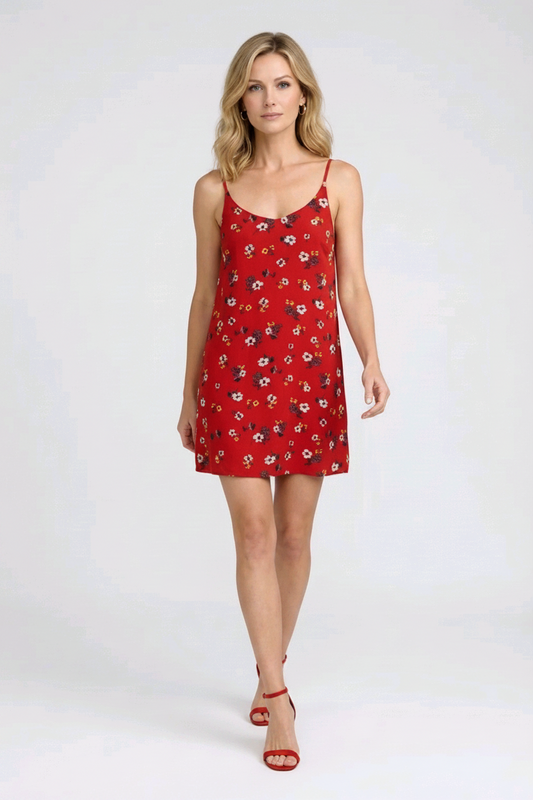 Woman wearing a red floral dress 