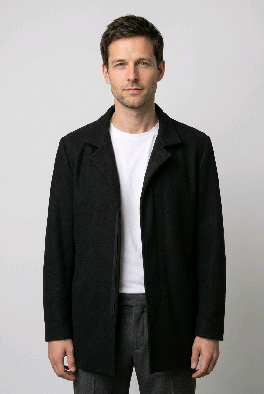 Man wearing a black coat over a white shirt 