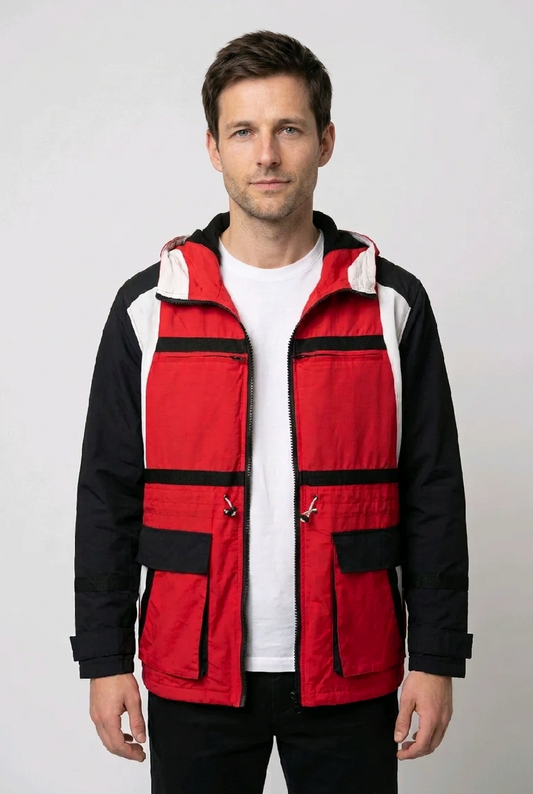 Man wearing a red and black jacket 