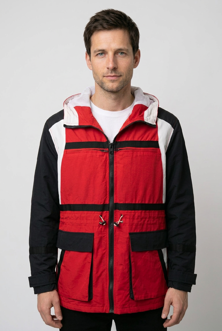 Man wearing a red and black jacket with a white hood 