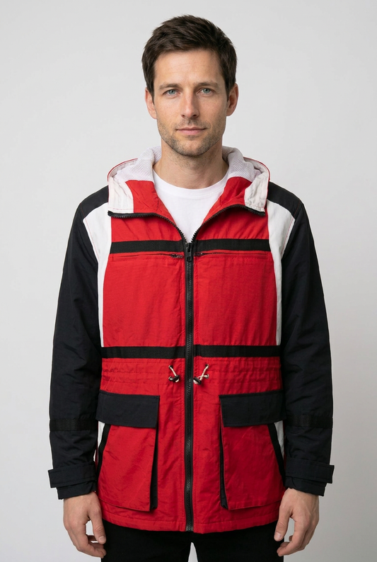 Man wearing a red and black jacket with a white hood 