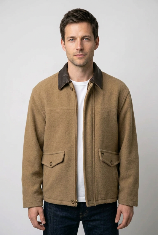 Man wearing brown coat with white shirt