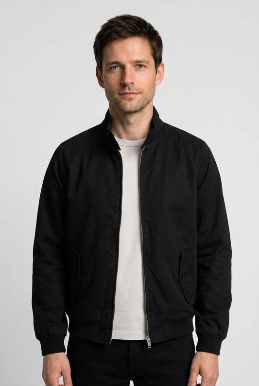 Man wearing a black jacket over a white shirt 