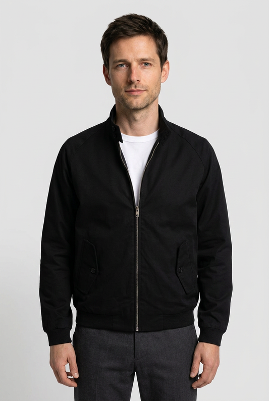Man wearing a black jacket over a white shirt