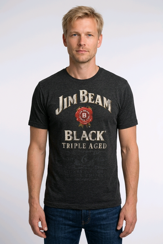 Man wearing a Jim Beam Black Triple Aged t-shirt