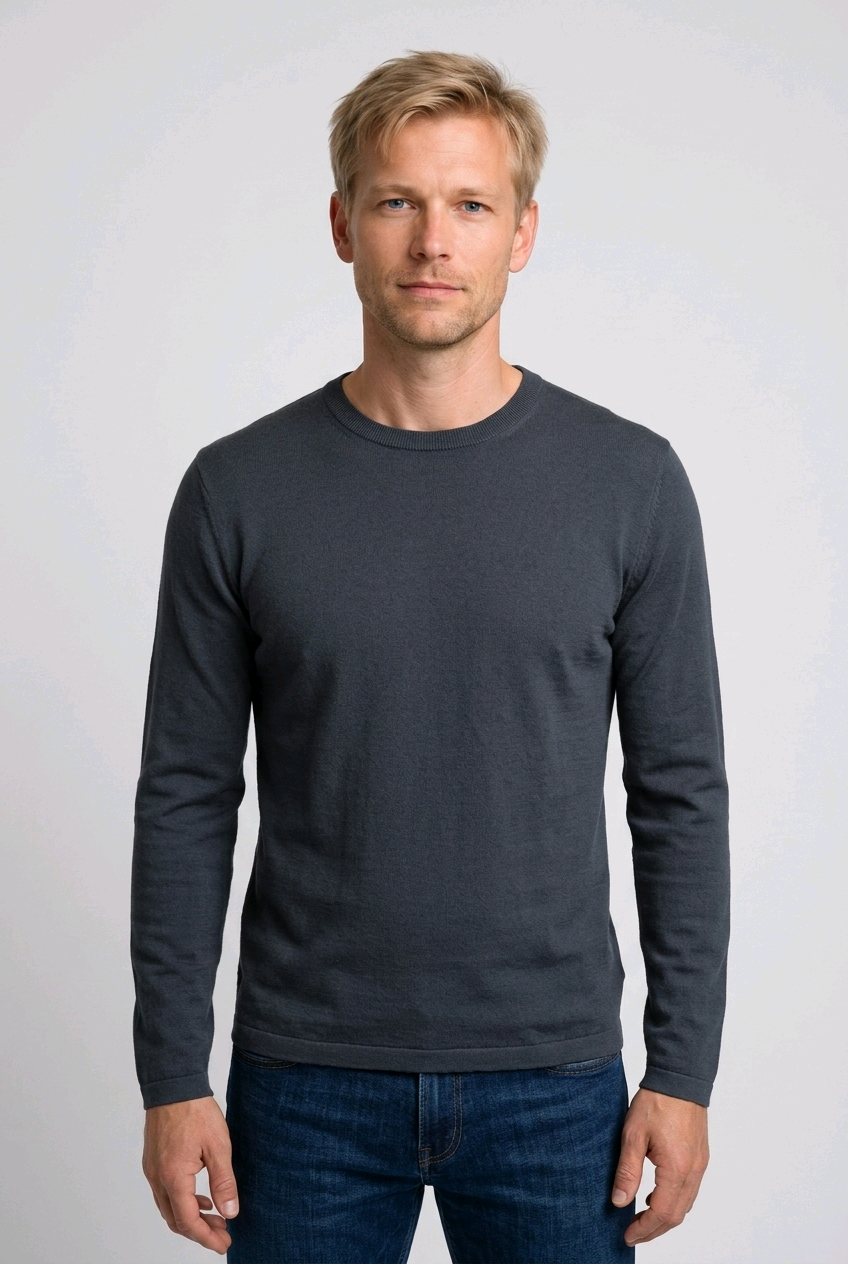 Man wearing a slate blue long-sleeve t shirt