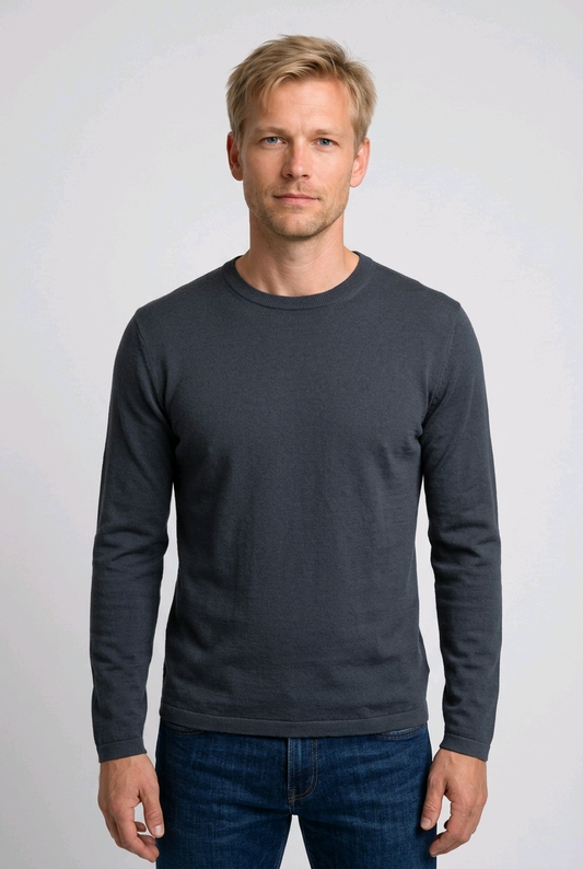 Man wearing a slate blue long-sleeve t shirt