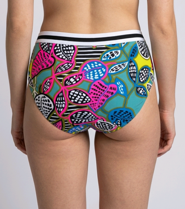 Colorful patterned bikini bottoms back view