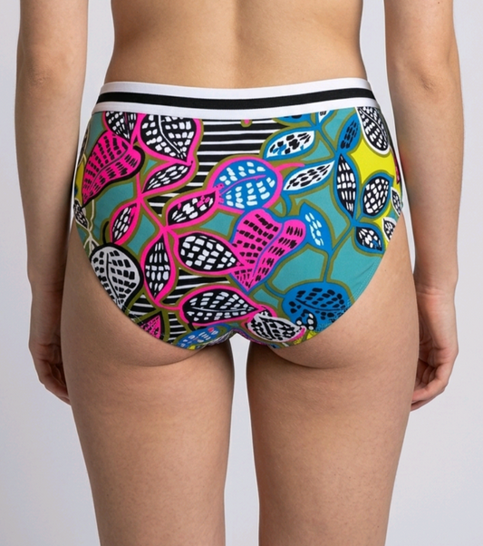 Colorful patterned bikini bottoms back view