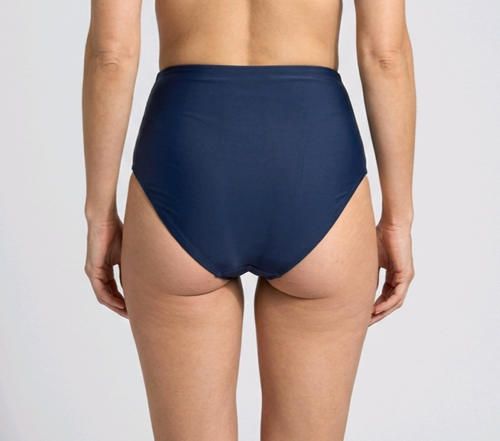 Navy blue high-waisted bikini bottom back view