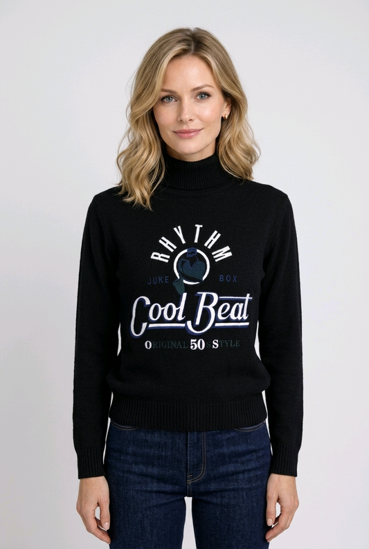 Comix Rhythm Cool Beat Graphic Black High Neck Jumper - Size - UK- Medium