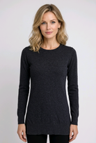 Woman wearing a long dark grey jumper dress