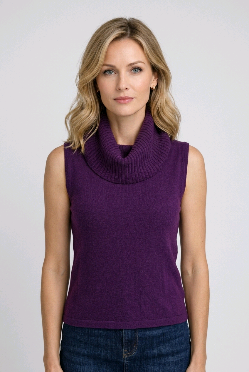 Woman wearing a purple sleeveless jumper with a cowl neck 