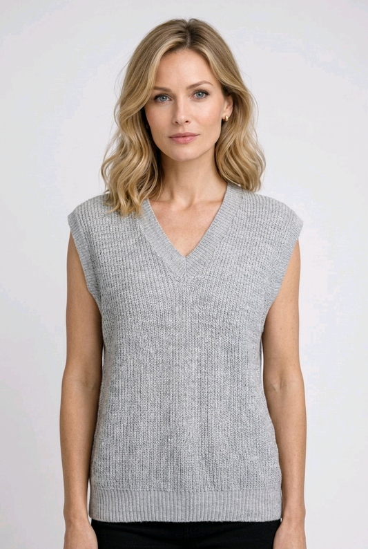Woman wearing a sleeveless grey knit top 