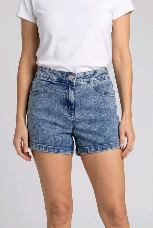 Women wearing blue denim shorts 